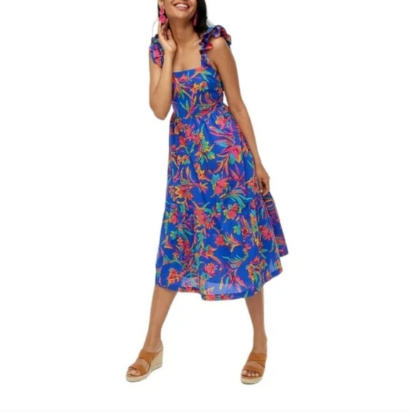 J Crew, Squareneck midi dress, Ruffles Brilliant Blue Dark Peo, Boho Size 6 - Picture 3 of 16